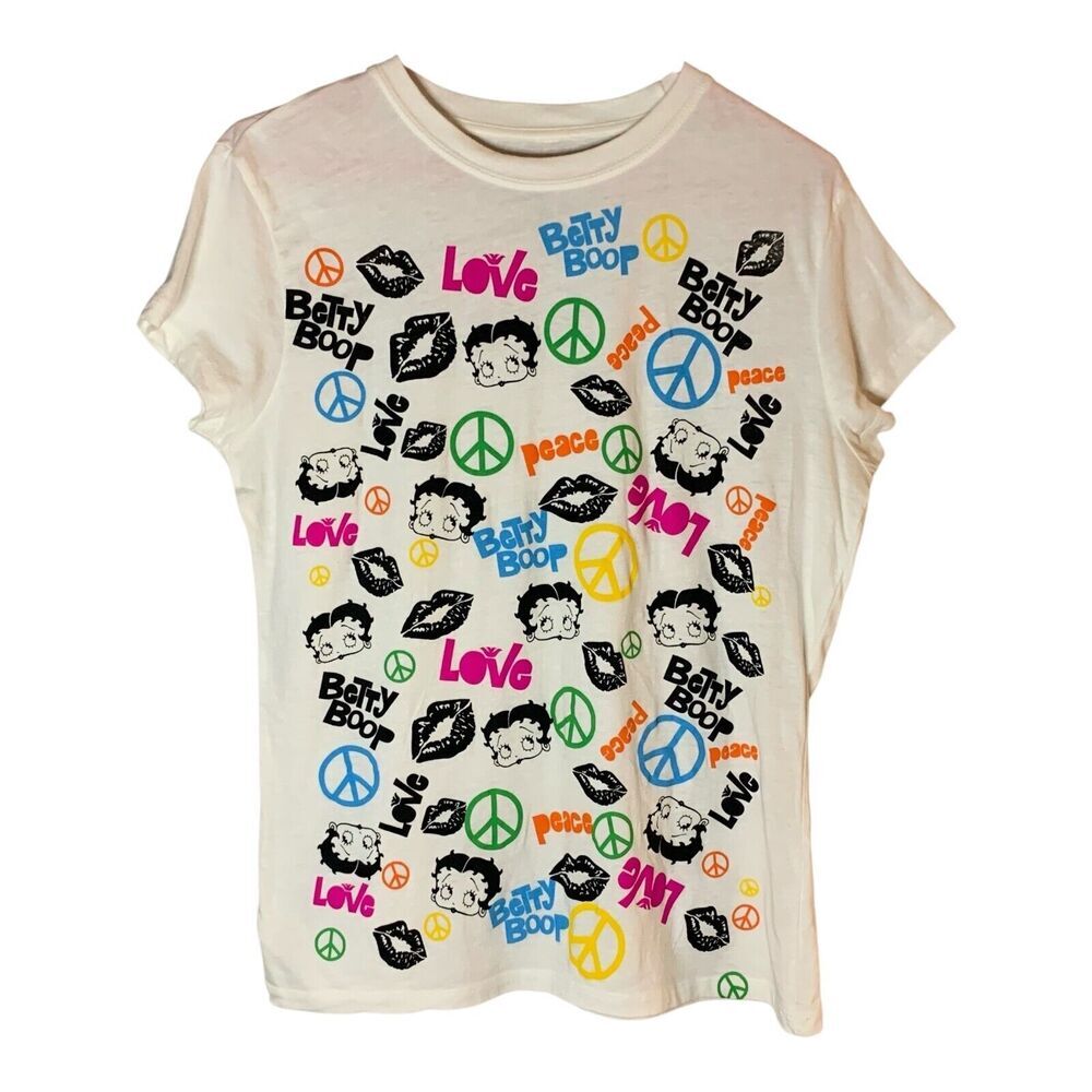 Vintage Betty Boop Short Sleeve T- Shirt XL Love Peace White 2006 All Over Print